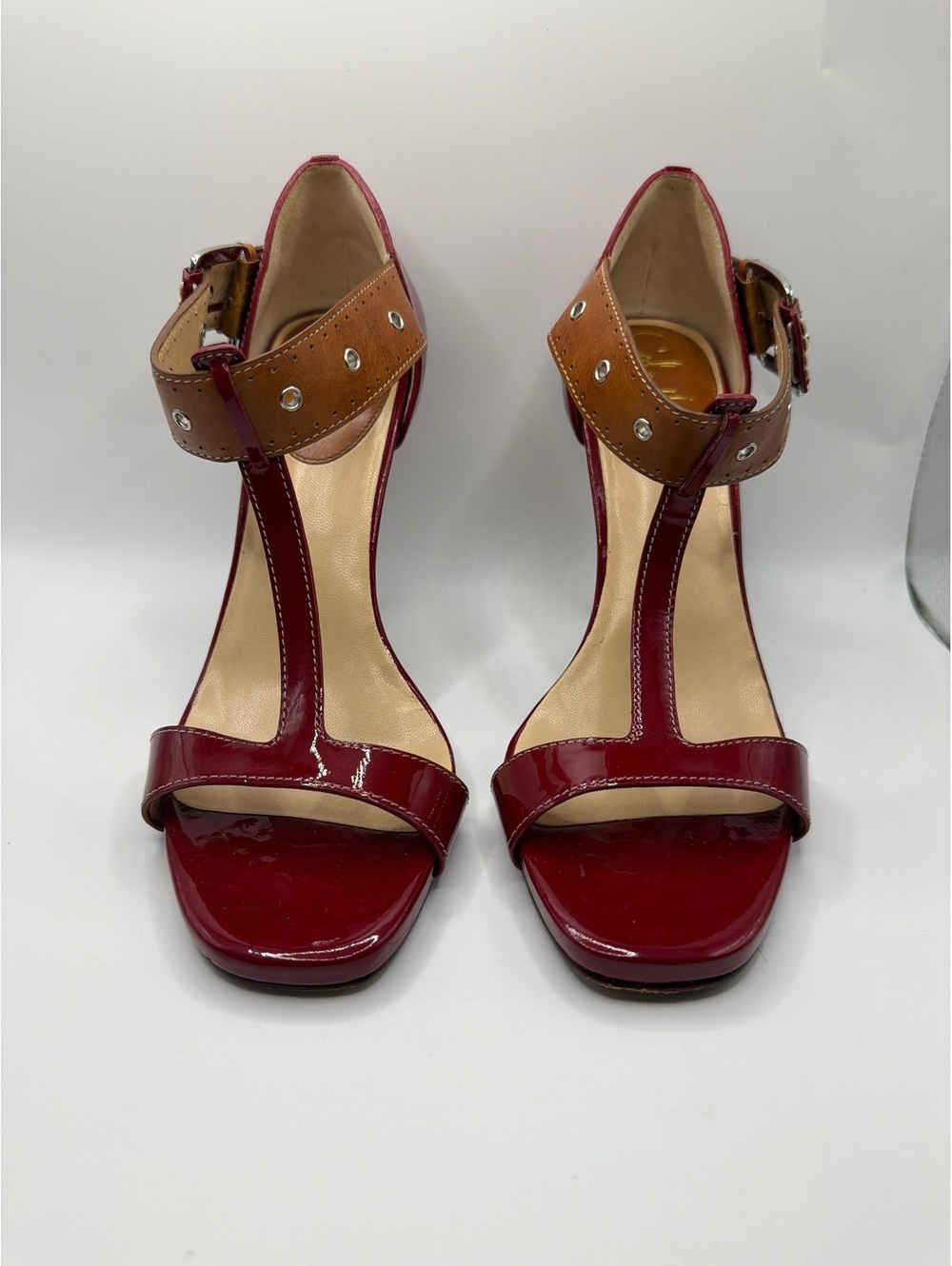 Cole Haan Women's Burgundy Patent Leather T-Strap Heels with Brown Buckle Strap